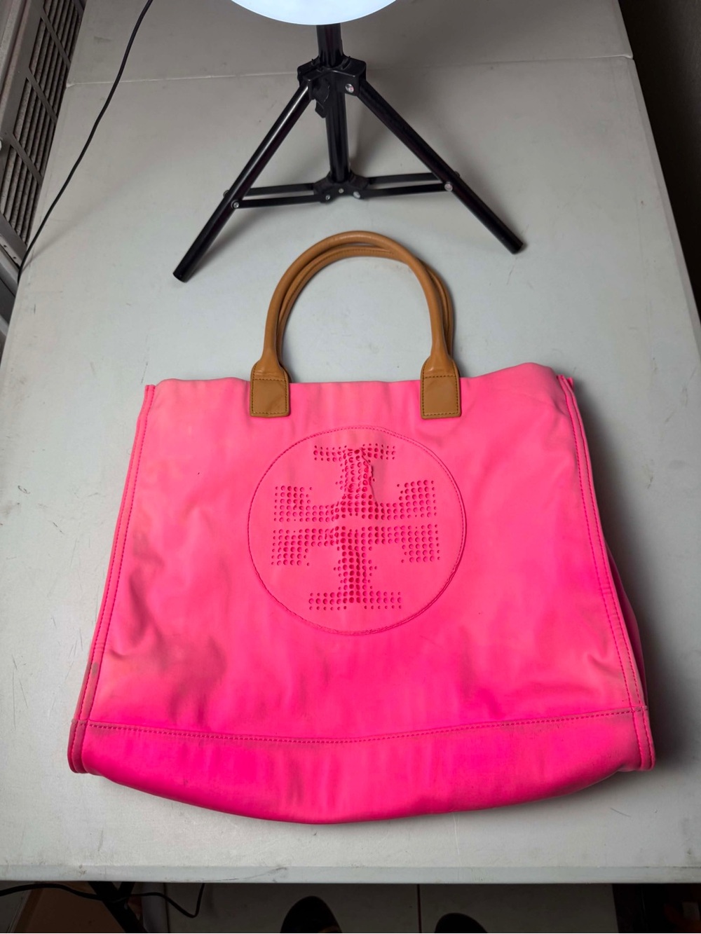TORY BURCH Patent Logo Hand Tote Bag Women Pink Nylon Genuine